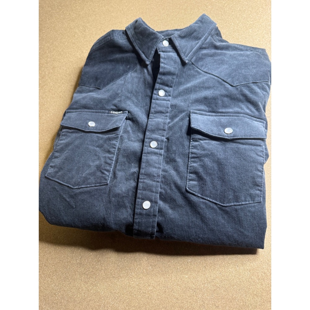 Poncho Men Gray Corduroy Western Snap Front Shirt Regular Fit Size M Long Sleeve